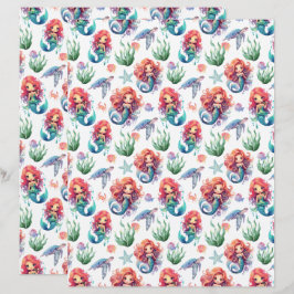Red Mermaid Scrapbook Paper in White