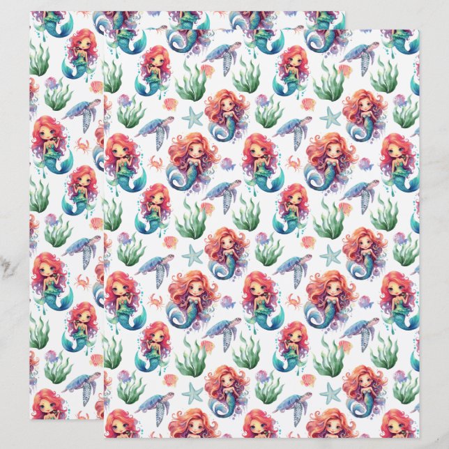 Red Mermaid Scrapbook Paper in White (Frente/Verso)