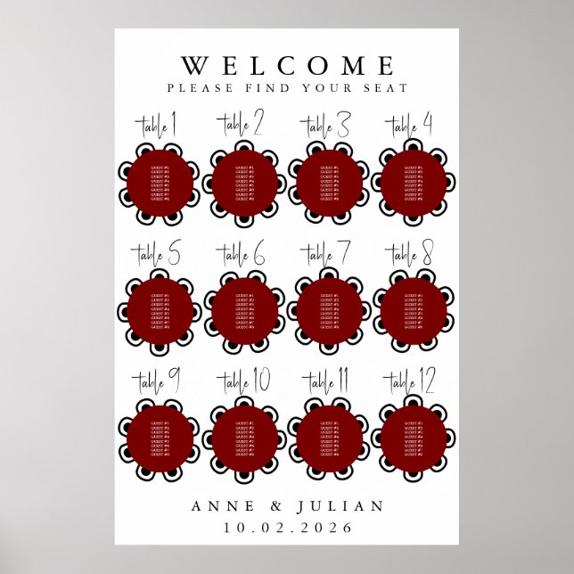 Red Modern Minimal Wedding Seating Chart Poster (Frente)