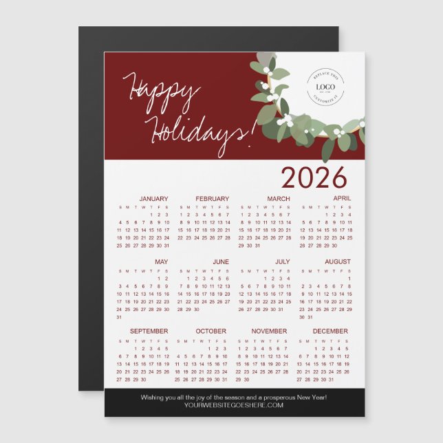 Red Modern Wreath Your Logo aqui Calendar 2026 (Frente/Verso)