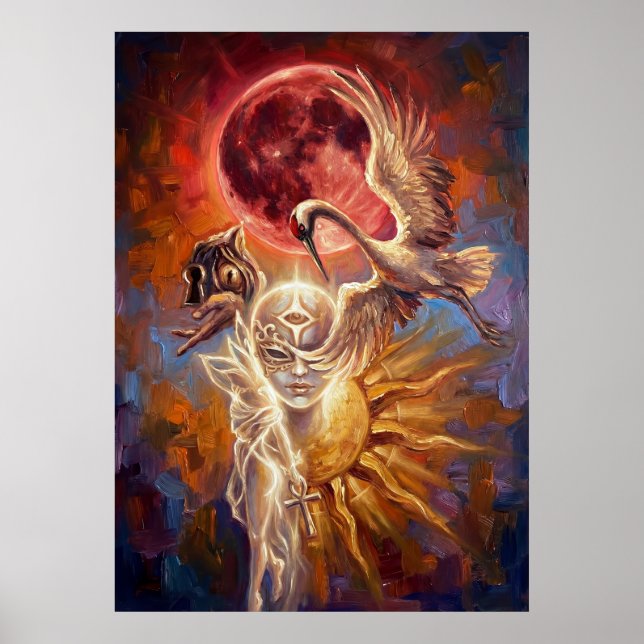 Red Moon Crane Symbolic Art Poster (Frente)