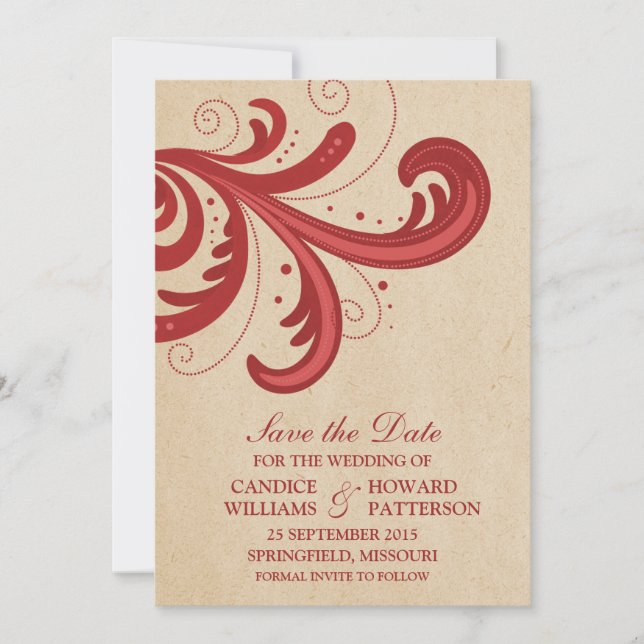 Red Na moda Swirls Salve o Convite de Data (Frente)