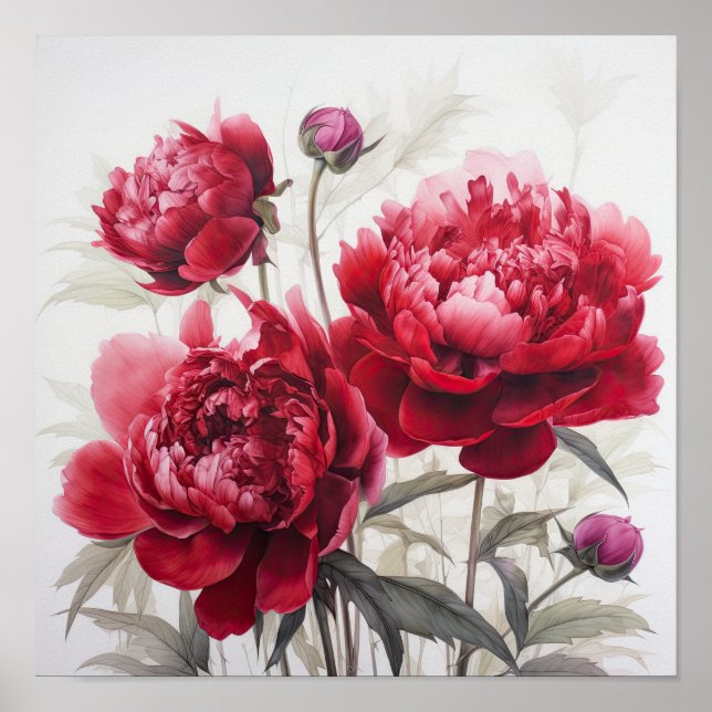 Red Peonies Flower Art Impressão Poster (Frente)