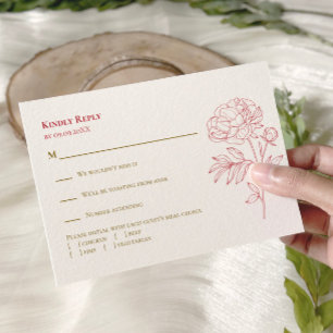 Red Peony Line Desenhando Convite De Casamento,