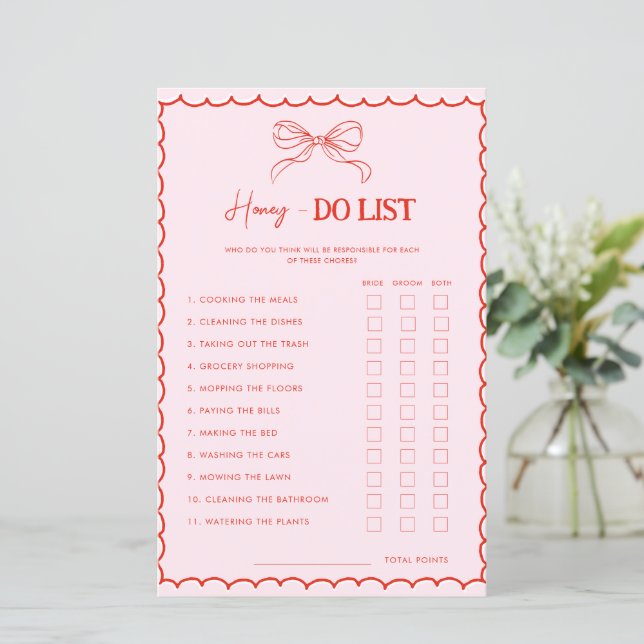 Red Pink Bow Xmas Honey Do List Bridal Shower Game (Em pé/Frente)