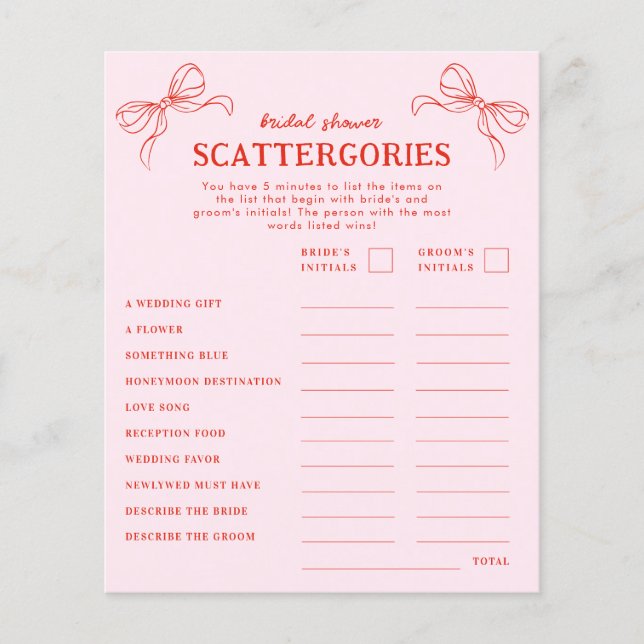 Red Pink Hand Drawn Bow Holiday Scattergories Game (Frente)