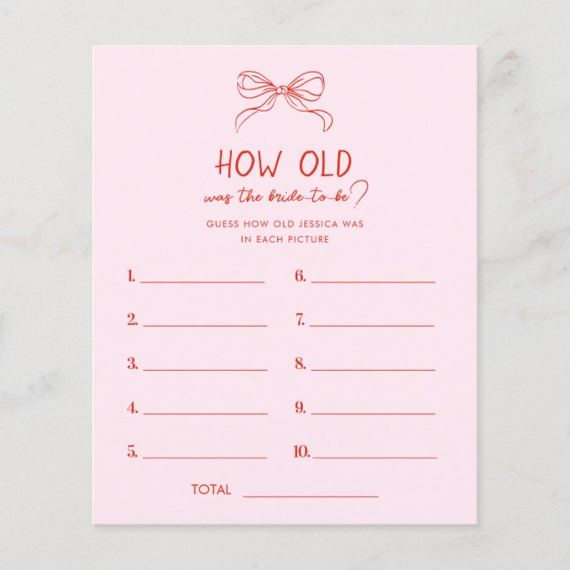 Red Pink Hand Drawn Bow How Old Was the Bride Game (Frente)