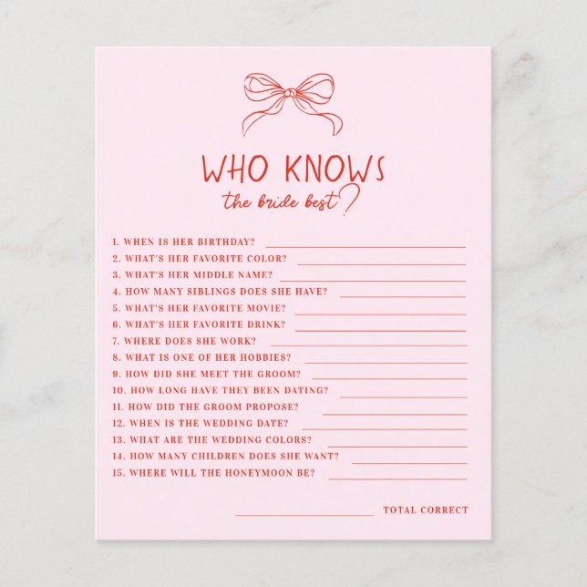 Red Pink Hand Drawn Bow Who Knows Bride Best Game (Frente)