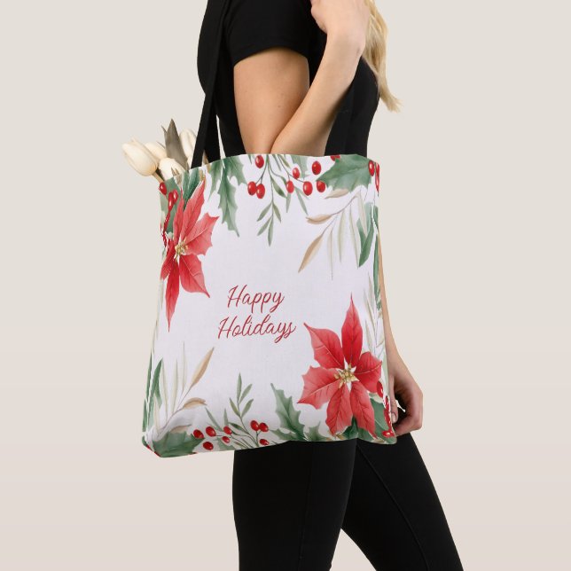 Red Poinsettia Feriado Tote Bag (Close Up)