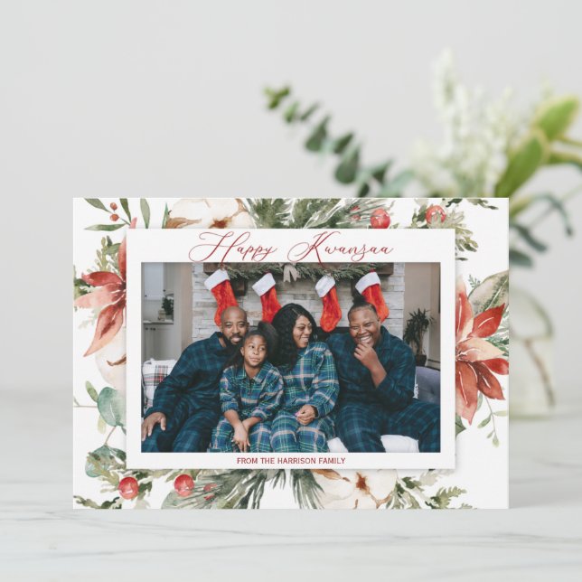Red Poinsettia Happy Kwanzaa 2 Foto Natal (Em pé/Frente)