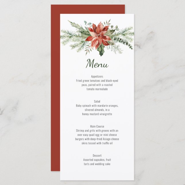 Red Poinsettia Pine e Evergreen Wedment Menu (Frente/Verso)