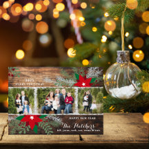 Red Poinsettias Dark Wood Feliz Cartão de Natal