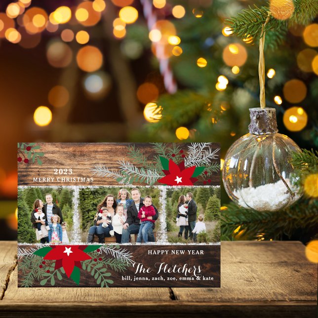 Red Poinsettias Dark Wood Feliz Cartão de Natal (Criador carregado)