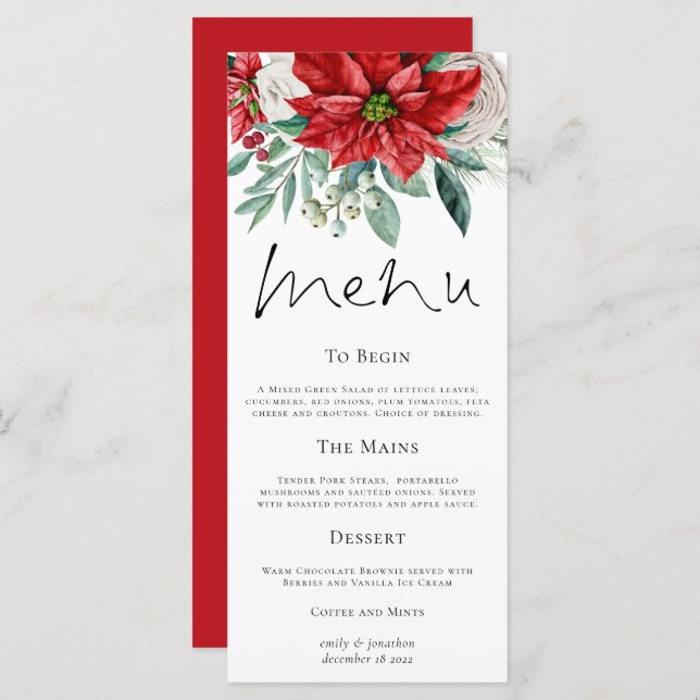 Red Poinsettias Foliage Menu Casamento de Natal (Frente/Verso)