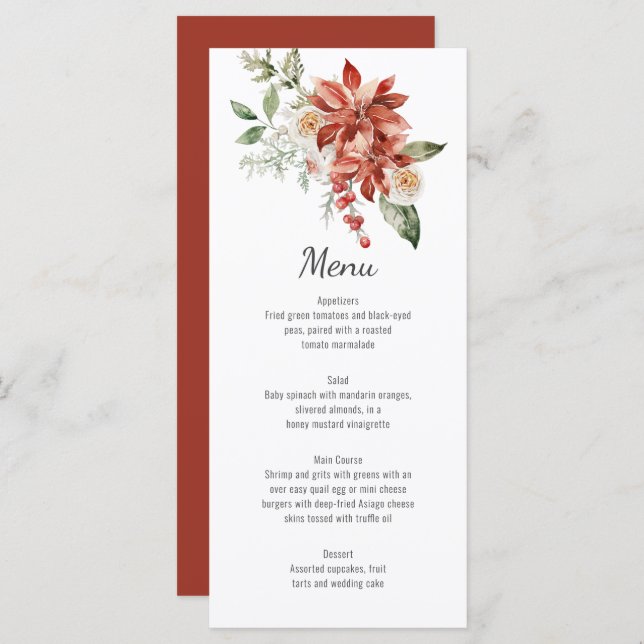 Red Poinsettias Pine e Evergreen Weding Menu (Frente/Verso)