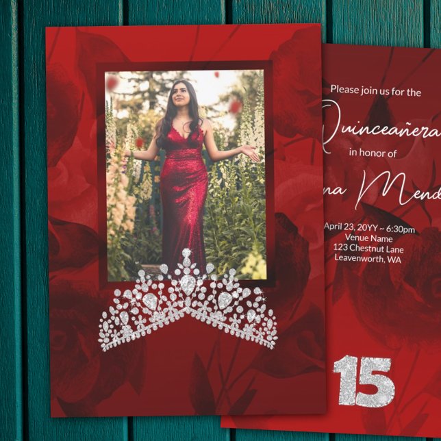 Red Quinceanera Diamond Gemstone Tiara Convite (Red roses and silver tiara quinceanera invitations for elegant red quinceanera)