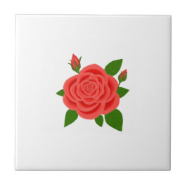 Red Rose With Buds White Ceramic Tile