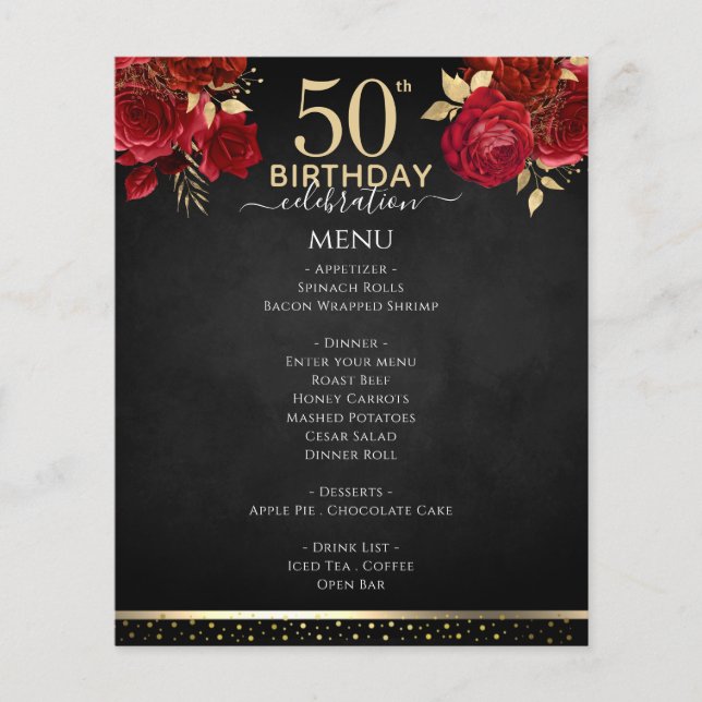 Red Roses 50th Birthday Celebration Menu (Frente)