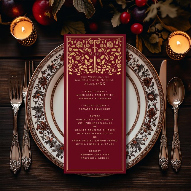 Red Royal Medieval Sword Wedding Menu Plano (Criador carregado)