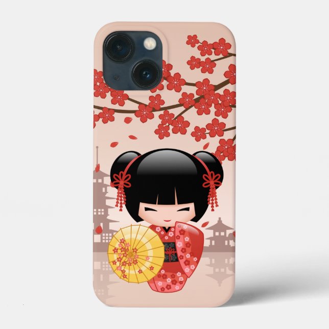 Red Sakura Kokeshi Doll - Geisha Japonês (Verso)
