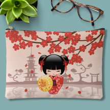 Red Sakura Kokeshi Doll - Geisha Japonês