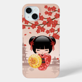 Red Sakura Kokeshi Doll - Geisha Japonês
