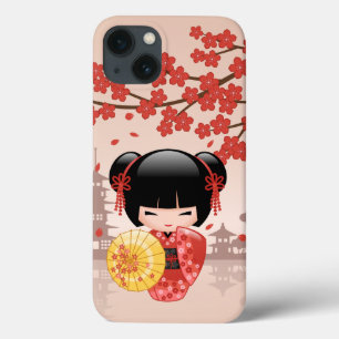 Red Sakura Kokeshi Doll - Geisha Japonês