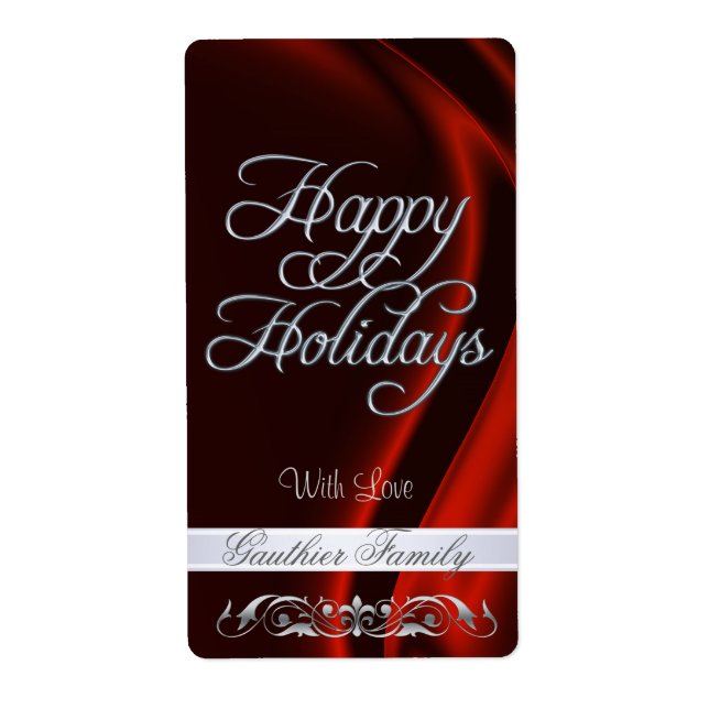 Red Satin Silver Scroll Feliz Feriados Etiqueta de (Frente)