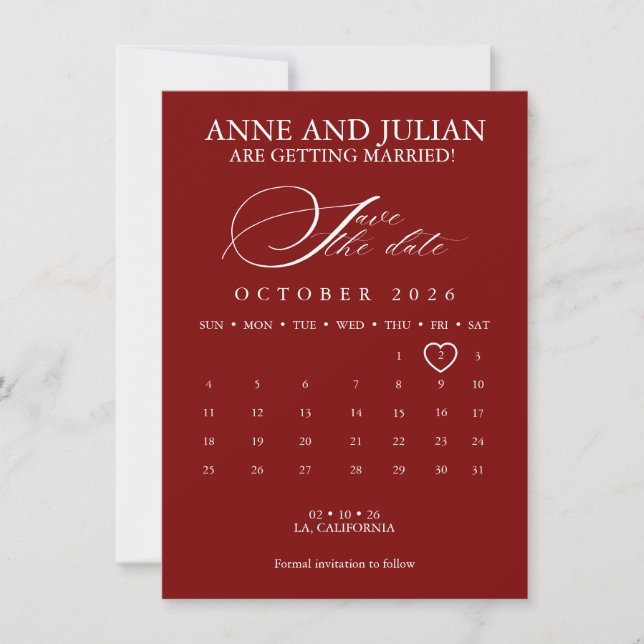 Red Save the date card calendar & photo (Frente)