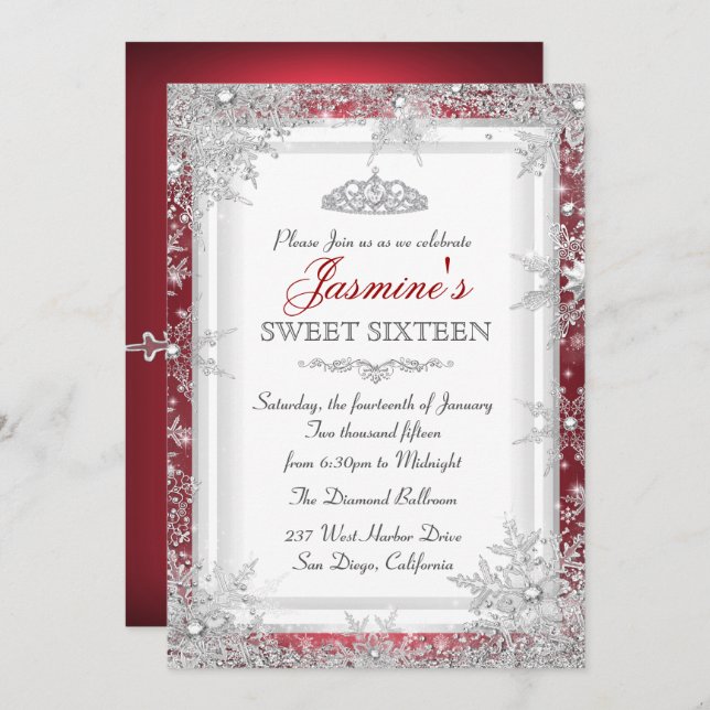 Red Silver Winter Wonderland Sweet 16 Convite (Frente/Verso)