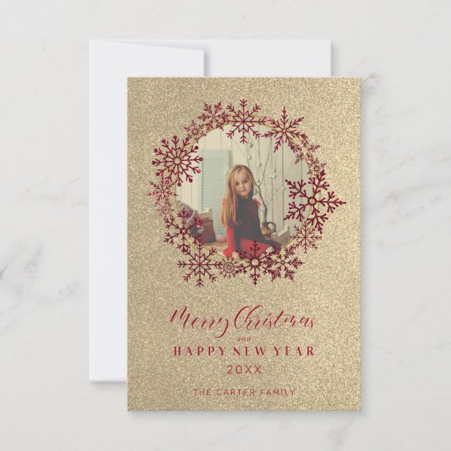 Red Sparkles Snowflakes Christmas Family Photo (Frente)