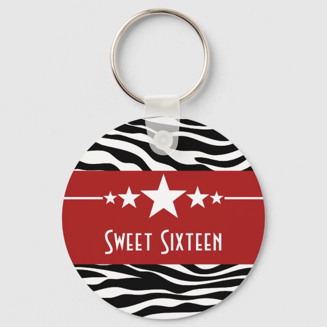 Red Stars Zebra Print Sweet 16 Chaveiro (Frente)
