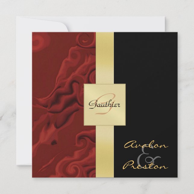 Red Swirls Monograma Convite Formal de Casamento (Frente)