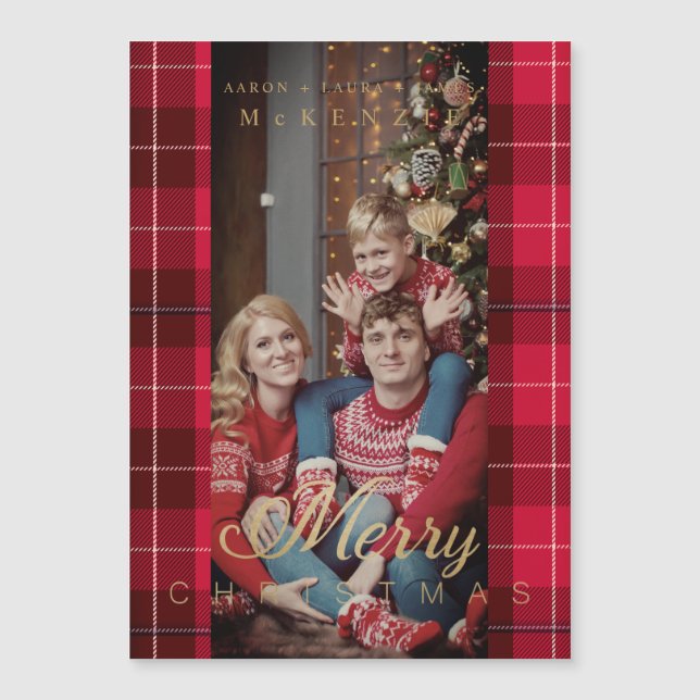 Red Tartan Plaid Merry Christmas Photo Family (Frente)