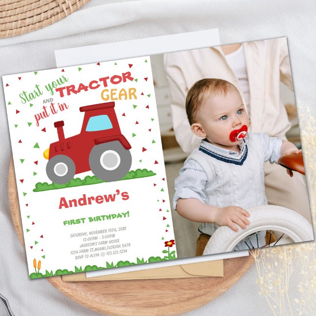 Red Trator - Convites de Aniversário com foto (Red Tractor Birthday Invitations with photo)