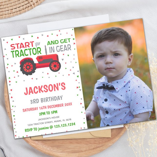 Red Trator - Convites de Aniversário com foto (Red Tractor Birthday Invitations with photo)