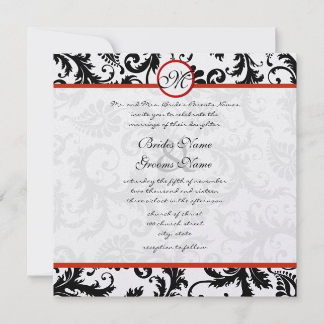 Red Trim Black Damask Swirls Convite De Casamento (Frente)