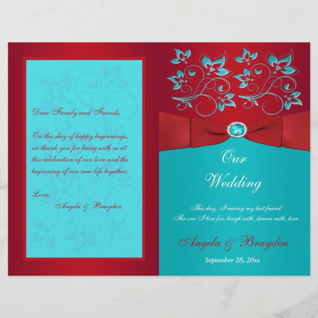 Red, Turquoise Floral Weding Program (Frente)