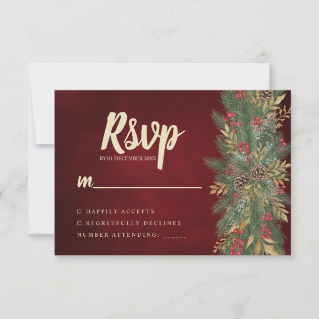 Red Velvet Christmas Botanical Wedding RSVP Card (Frente)
