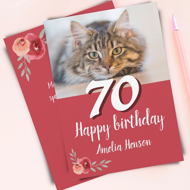 Red Watercolor Rosa Cat Photo 70 Birthday (Criador carregado)