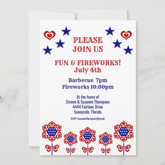 Red White Blue Flower Stars Patriótico 4 de julho (Frente)