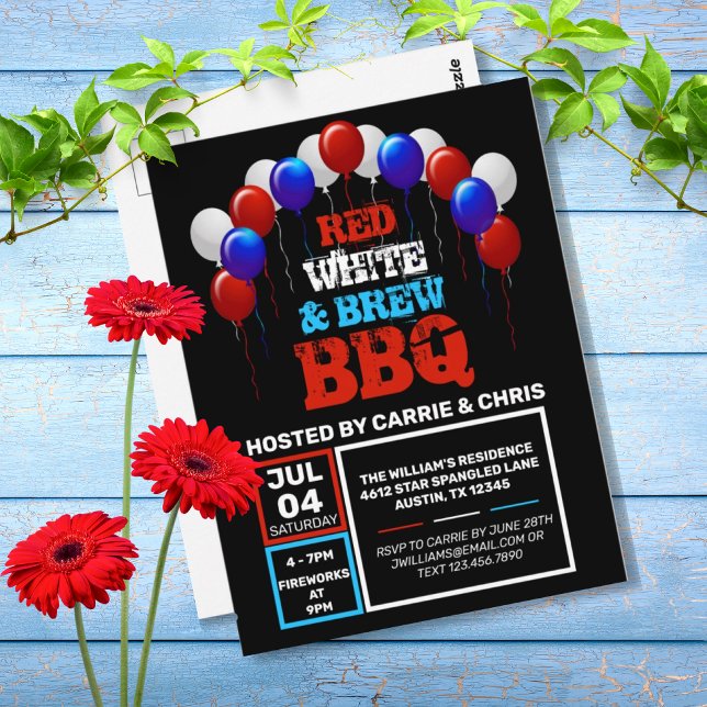 Red White e Break CHURRASCO 4 de julho Convite de  (RED, WHITE & BREW BBQ 4TH OF JULY PARTY INVITATION)