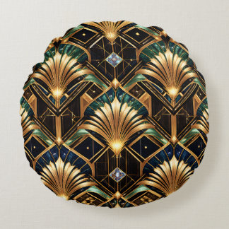 Redonda almofada art déco dourado esmeralda preto luxuoso