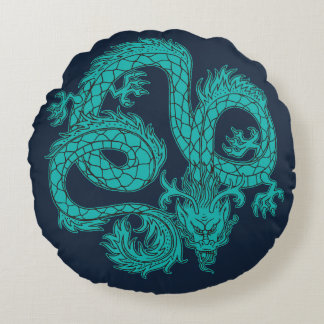 Redonda Almofada Azul Turquesa Dragão Oriental Azul-Marinh