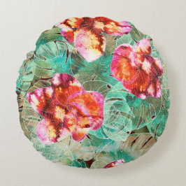 Redonda Almofada Boho Vintage Coral Floral Teal -