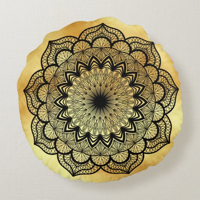 Redonda Almofada com Mandala Preta em Fundo Dourado Suave (Verso)