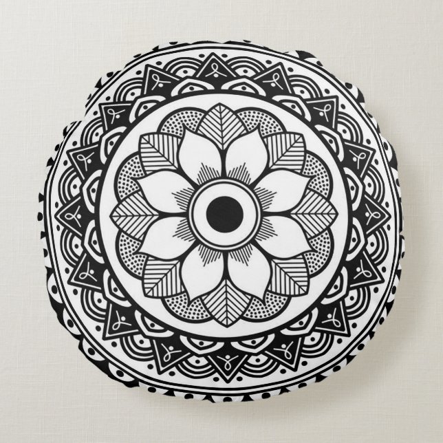 Redonda Almofada de Arremesso de Medalhões Redondos Preto  (Frente)