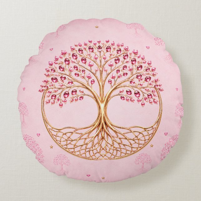 Redonda Almofada de Design Árvore da Vida Rosa Suave (Frente)