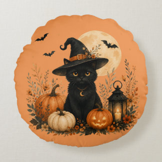 Redonda Almofada de Halloween de Abóbora com Gato Preto Fo