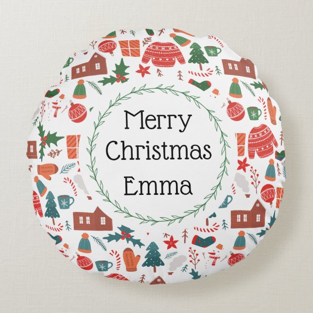 Redonda Almofada de Natal Alegre Personalizada com Nome (Frente)